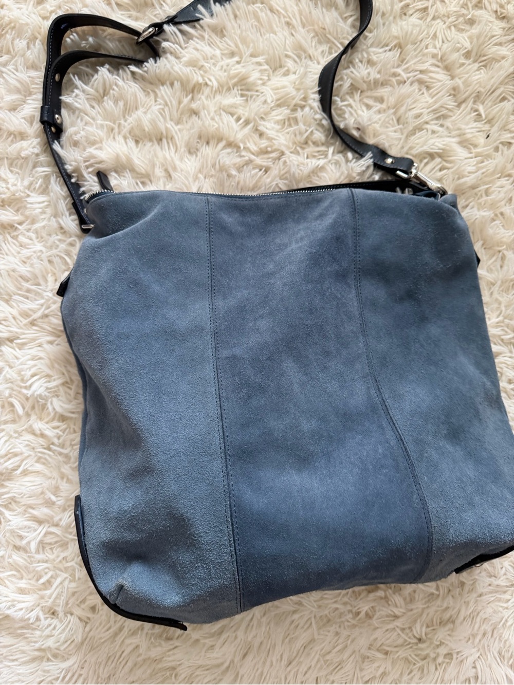Suede Shoulder Bag in Slate Blue with Black Strap